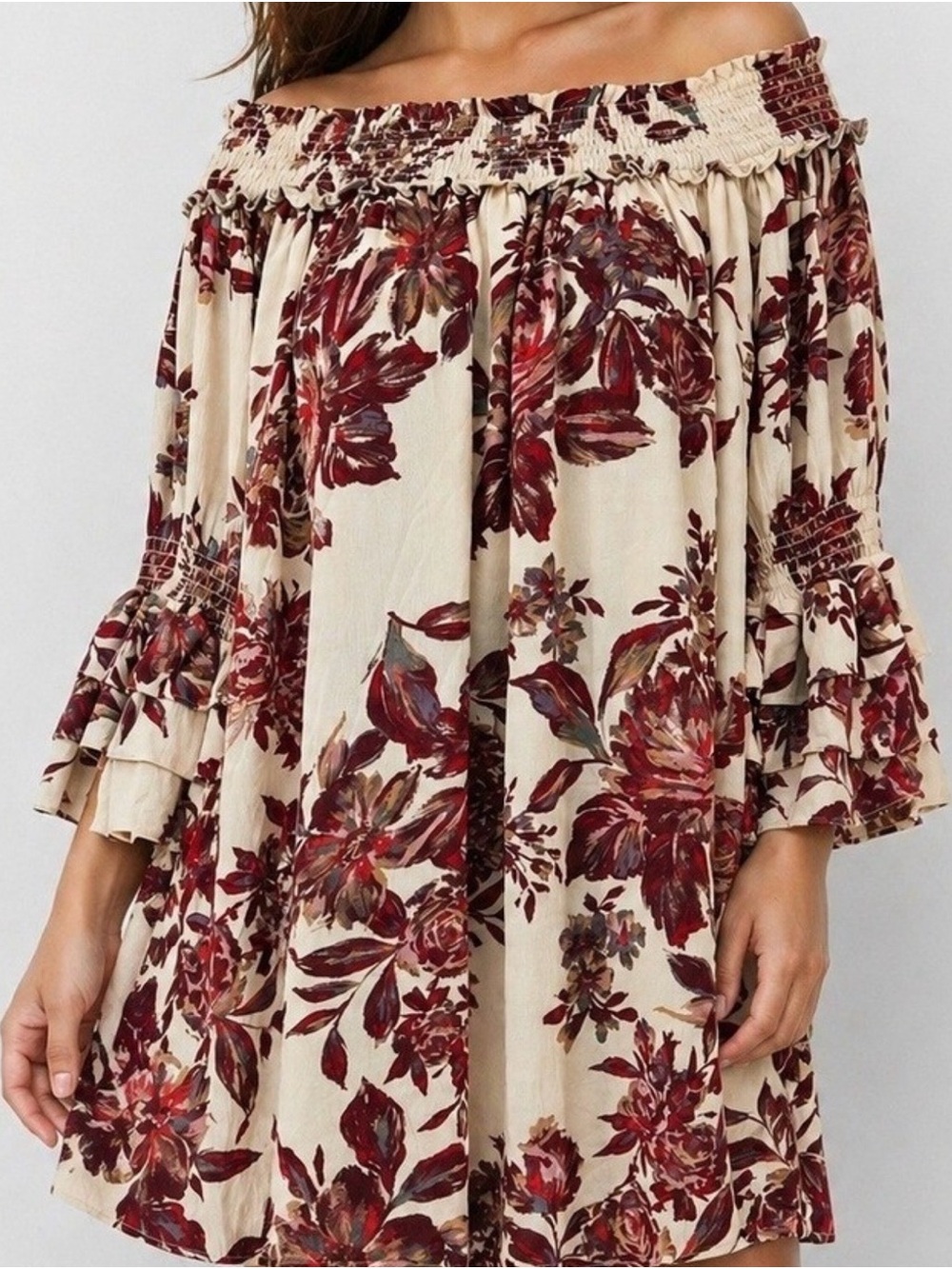 Miss me Off-Shoulder Floral Boho Dress in Cream and Burgundy